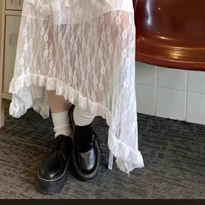 レース 服 ボトムス レース素材不規則裾ロングスカート白黒2色展開