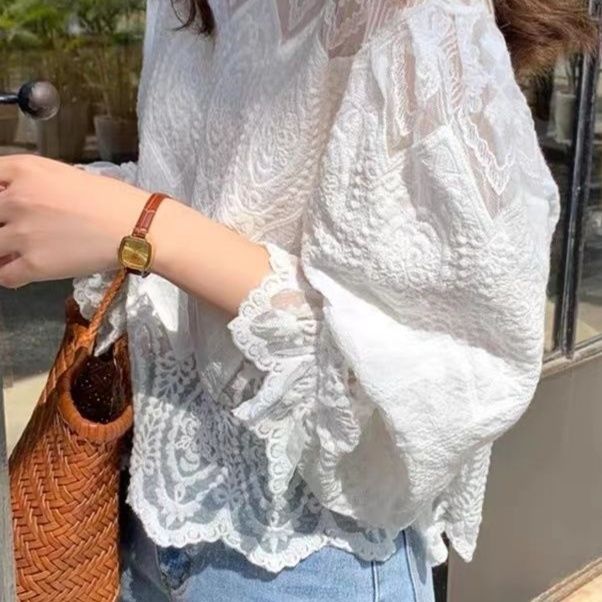 レース 服 トップス 繊細レース長袖ブラウス白色透け感