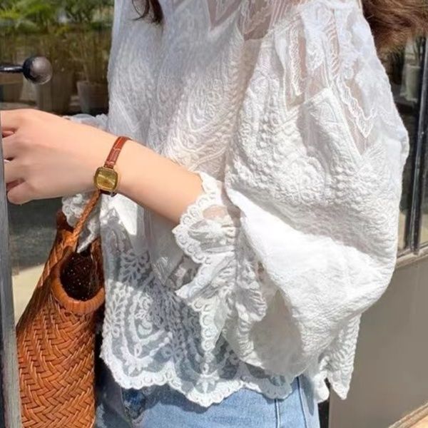 レース 服 トップス 繊細レース長袖ブラウス白色透け感