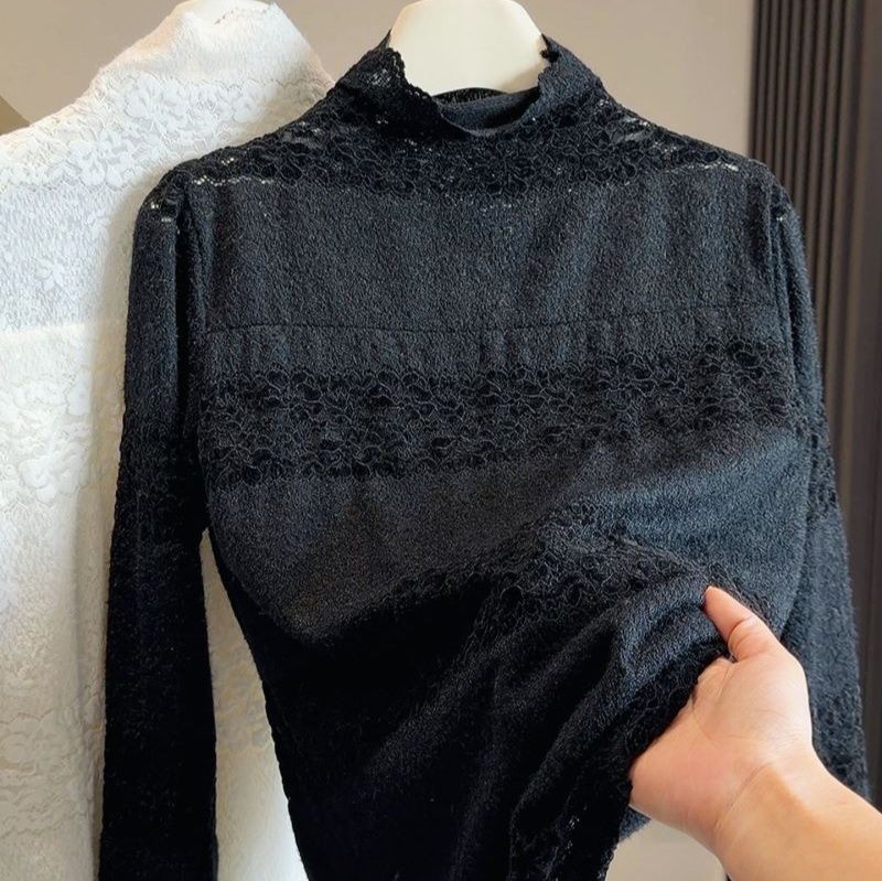 レース服 新入荷レース裏起毛長袖トップス 韓国風インナー 二色