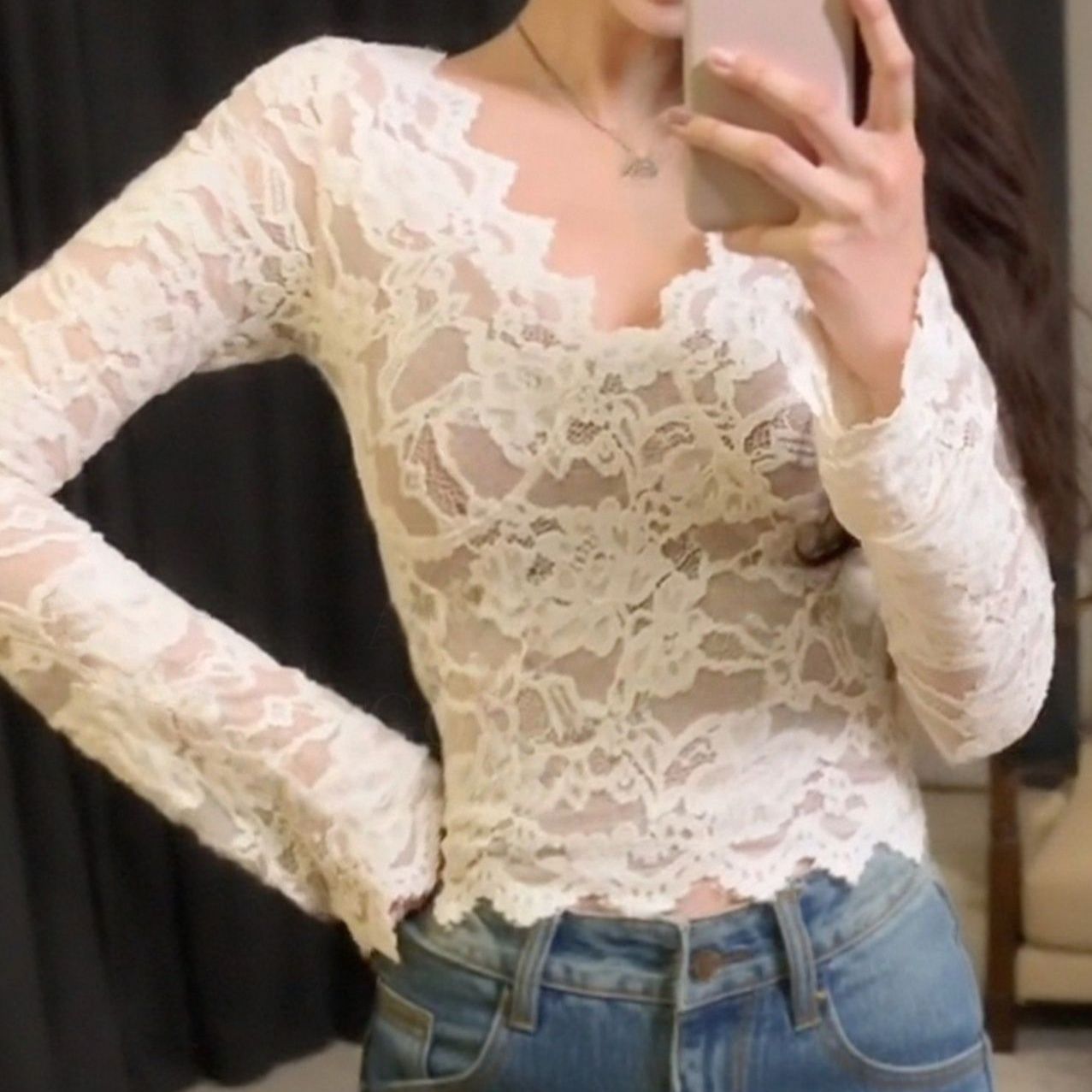 レース 服 レース長袖インナートップス裏起毛韓国風３色