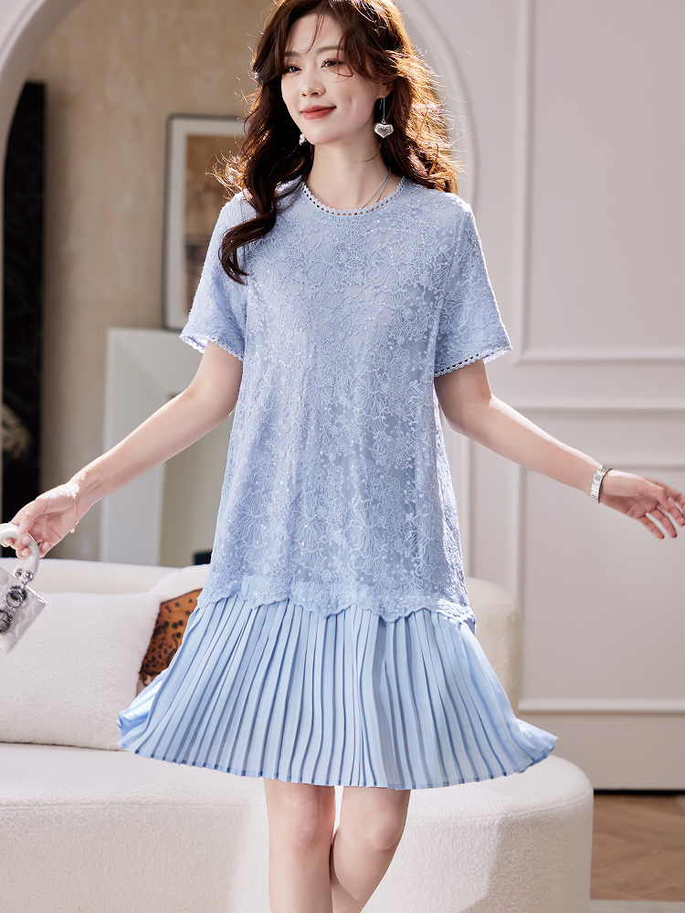 レース 服 花柄レース プリーツ切替ワンピース