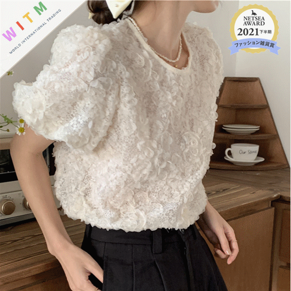 レース 服 レース丸首半袖トップス体型カバーふんわり袖レディース