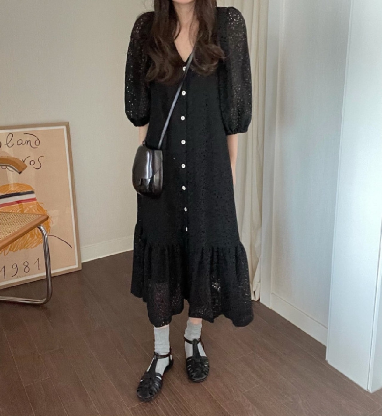 レース 服 レース透かし彫りワンピース体型カバーロング丈