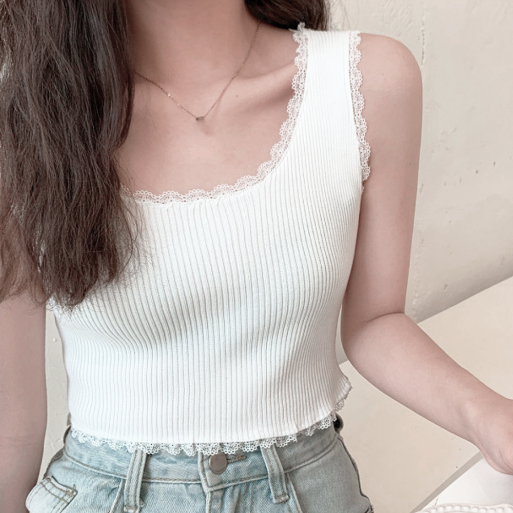 レース 服 レース付きリブニットタンクトップ へそ出しショート丈