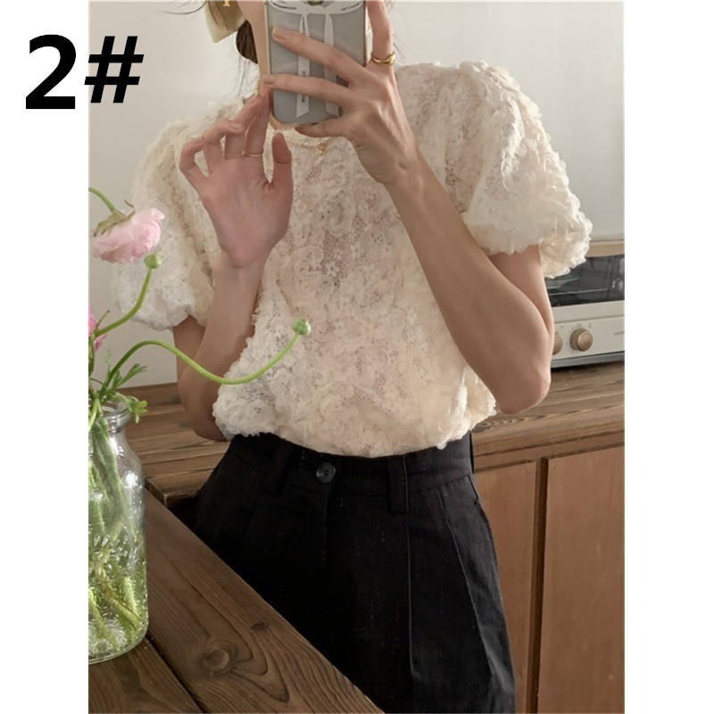 レース 服 レース丸首半袖トップス体型カバーふんわり袖レディース