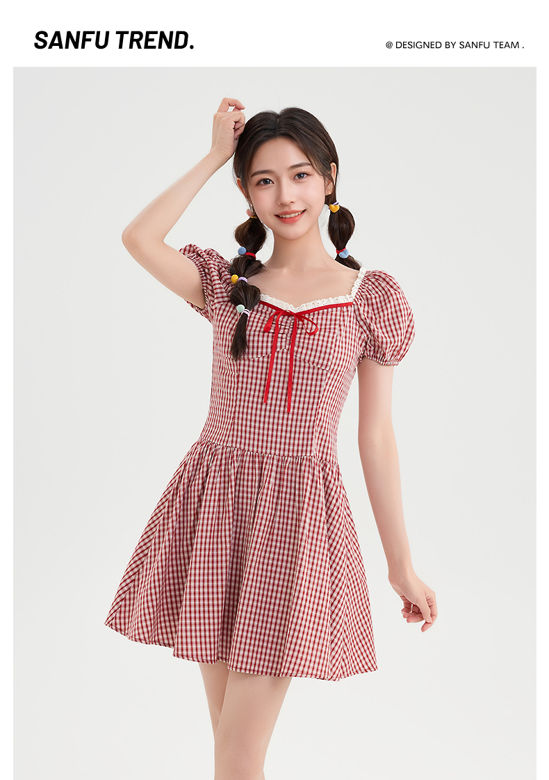 レース 服 格子柄レース縁取りパフスリーブワンピース