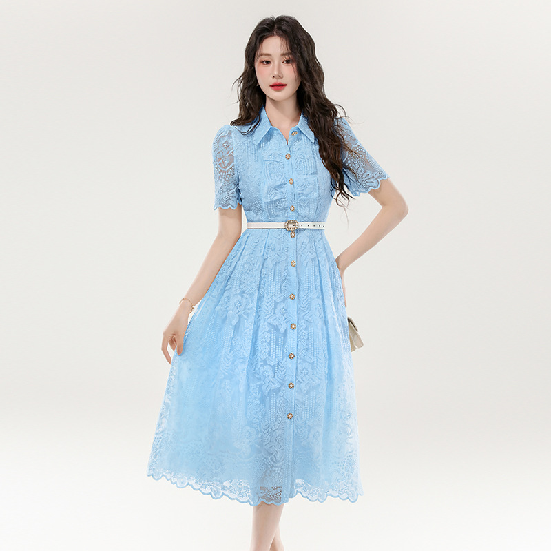 レース 服 花柄透かしレース シャツワンピース