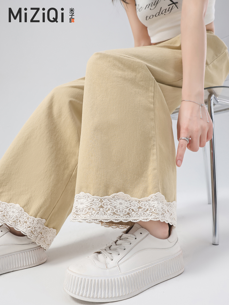 レース 服 裾レース飾りワイドパンツ