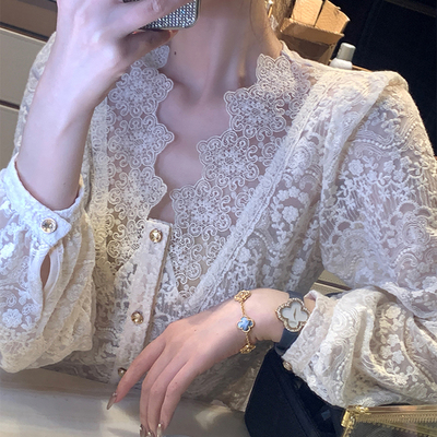 レース 服 深Vネック レース ブラウス 長袖 ふんわり 着回し トップス