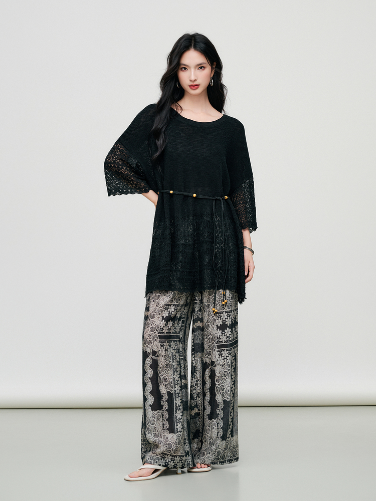レース 服 花柄レース切替ゆったりプルオーバー