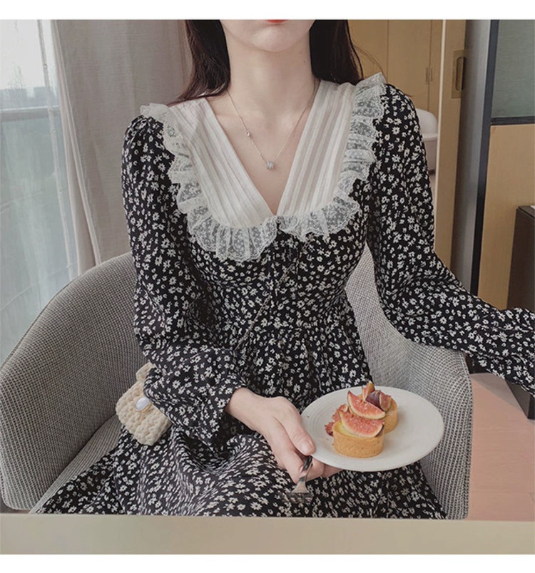 レース 服 レース襟花柄ワンピース 長袖シフォン風