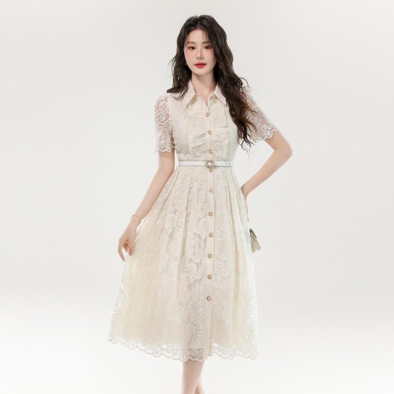 レース 服 花柄透かしレース シャツワンピース