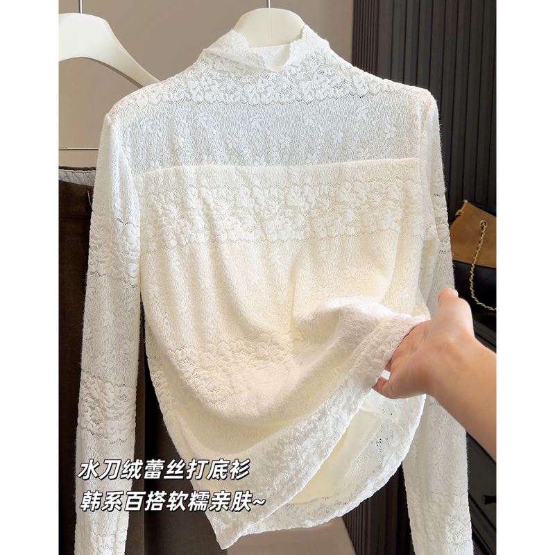 レース 服 新入荷レース打底衫長袖トップス裏起毛韓国風インナー二色