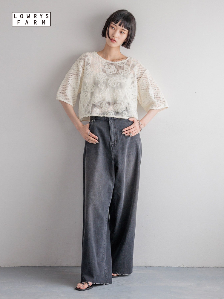 レース 服 花柄透かし編みレーストップス