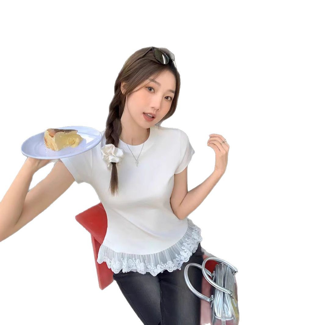 レース 服 裾レース切替半袖フリルトップス