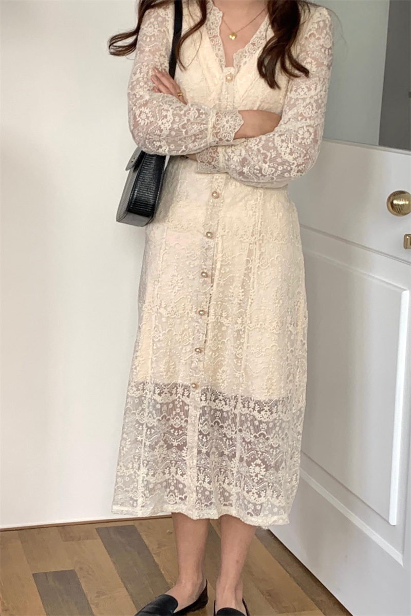 レース 服 韓国風気質ブイネック透かし彫りレースワンピース