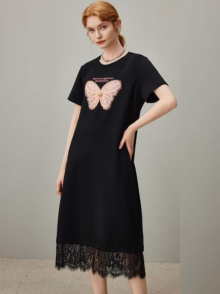 レース 服 蝶々刺繍レース裾ワンピース
