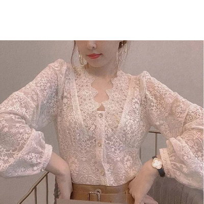 レース 服 深Vネック レース ブラウス 長袖 ふんわり 着回し トップス