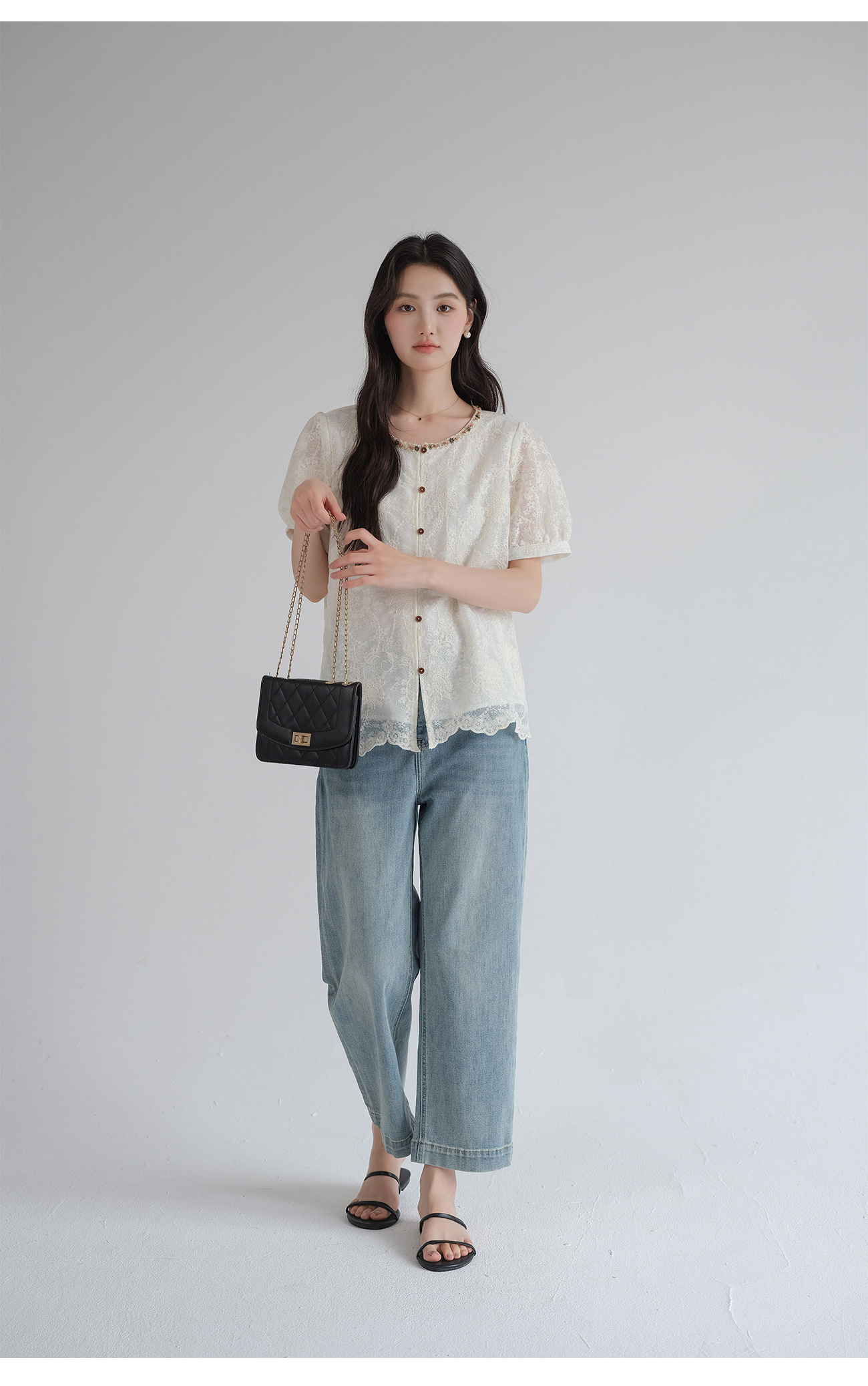レース 服 花刺繍宝石襟パフスリーブレースブラウス