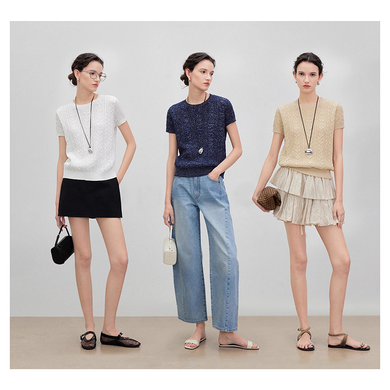 レース 服 透かし編み半袖ニットトップス
