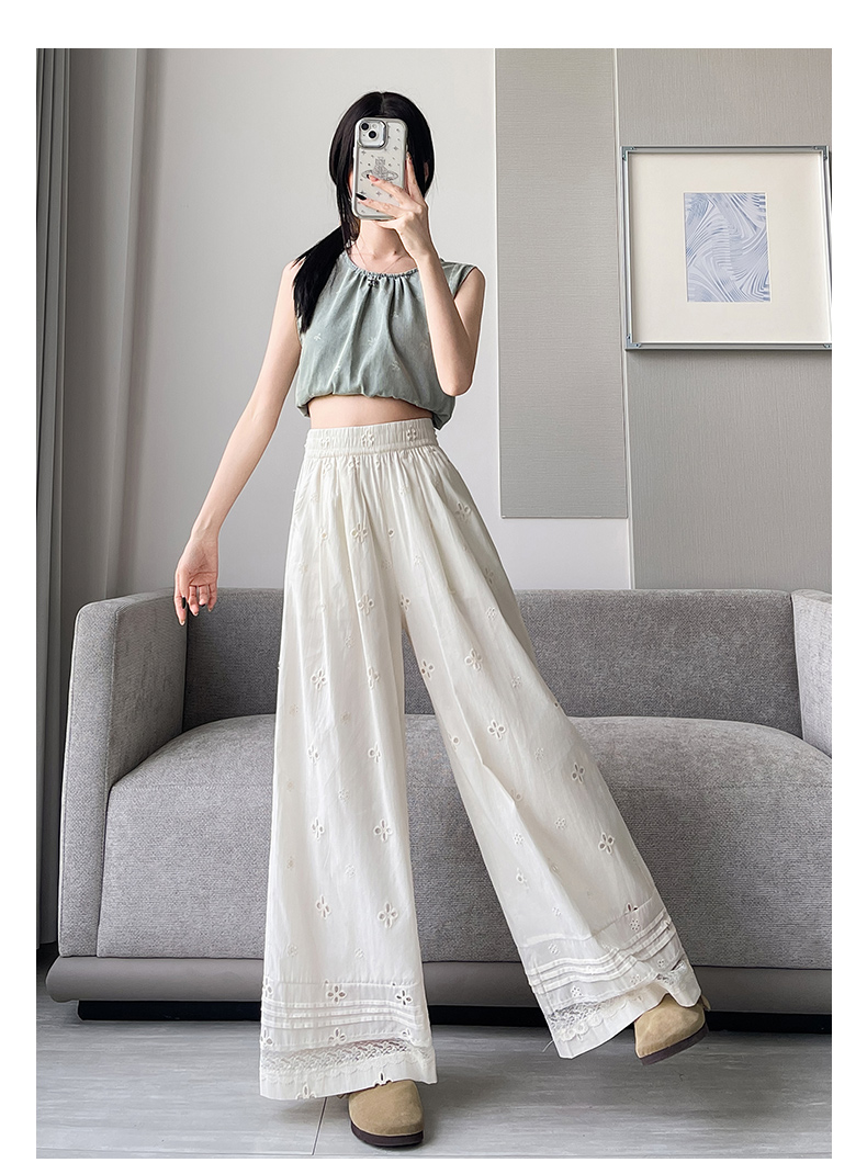 レース 服 花刺繍レース裾ワイドパンツ