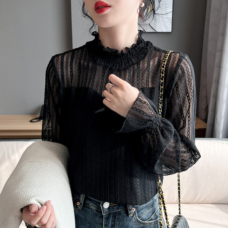 レース 服 秋冬新作 レース ハイネック トップス 上品 着回し抜群