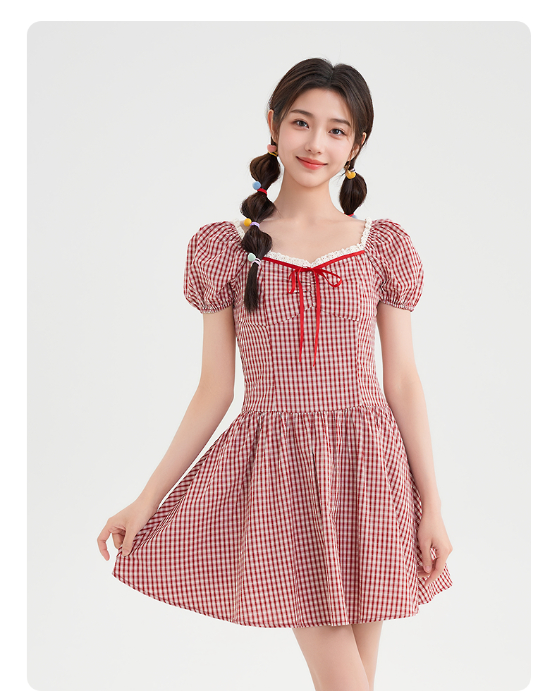 レース 服 格子柄レース縁取りパフスリーブワンピース