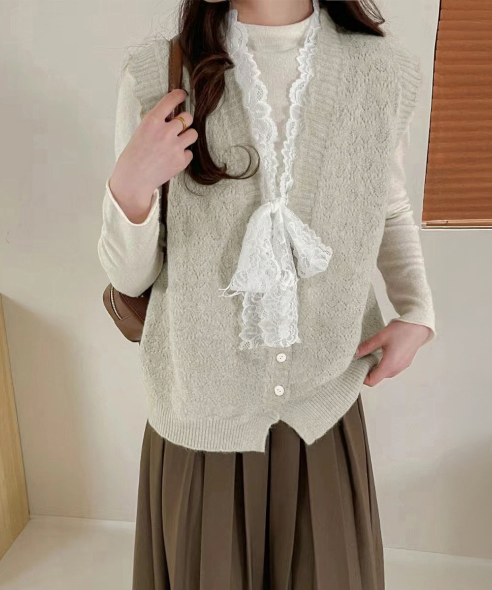 レース 服 レース襟リボン付きニットベスト