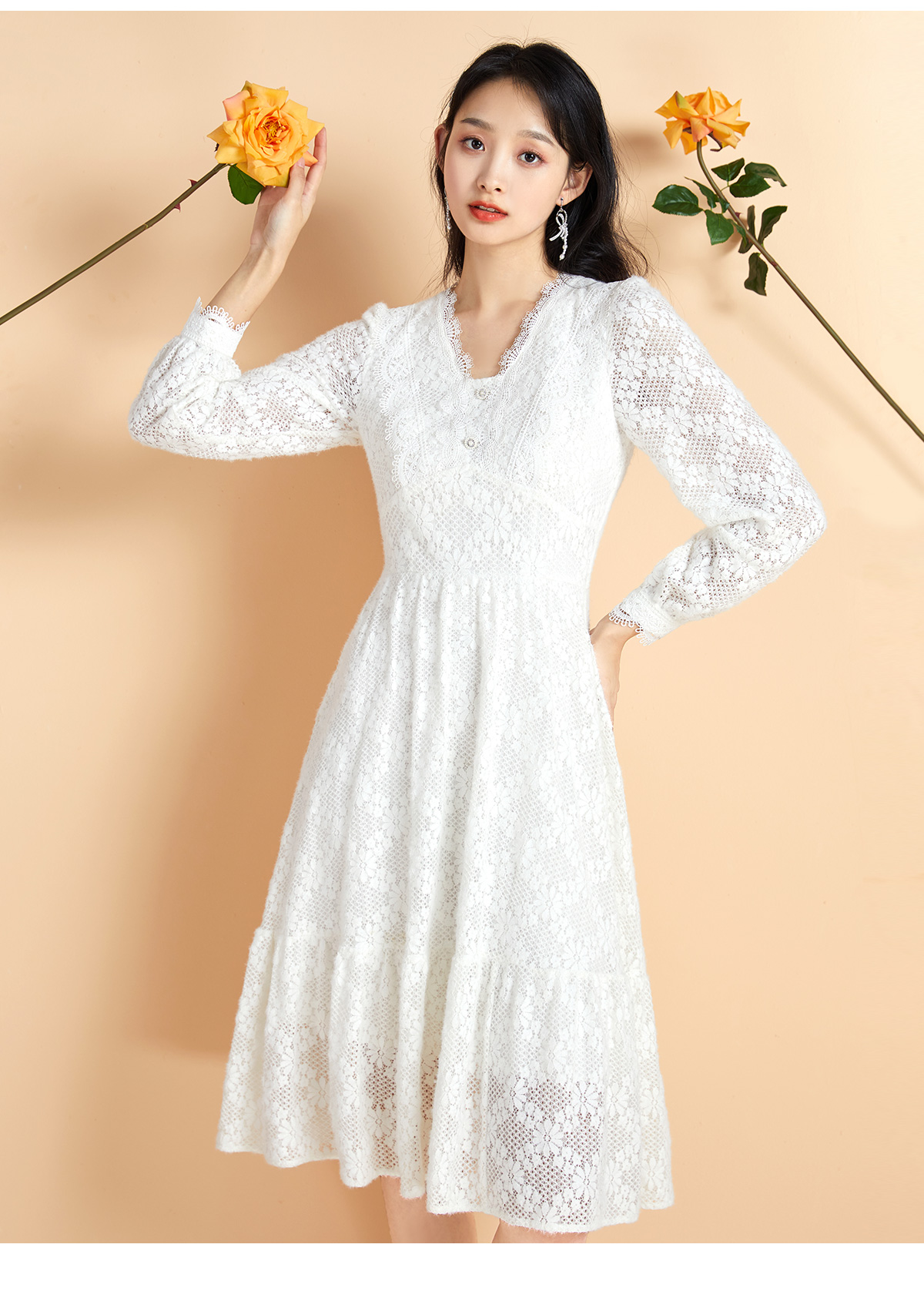レース 服 花柄レース 長袖フレアワンピース