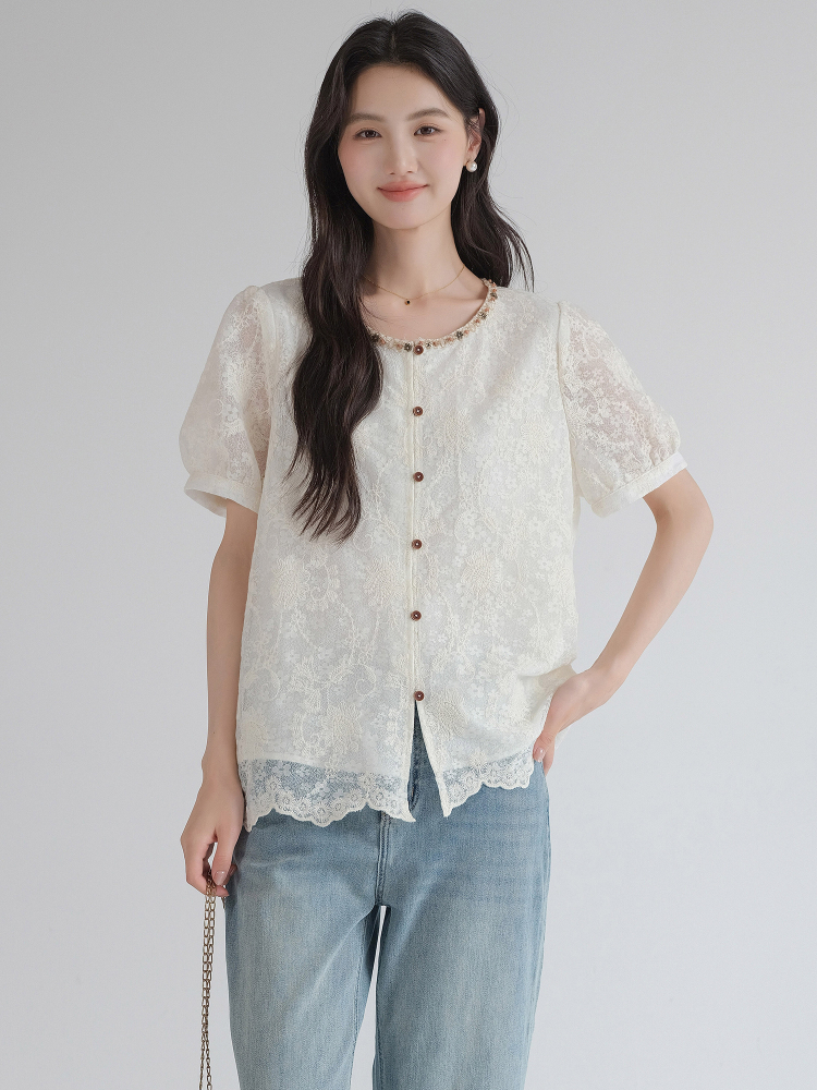 レース 服 花刺繍宝石襟パフスリーブレースブラウス