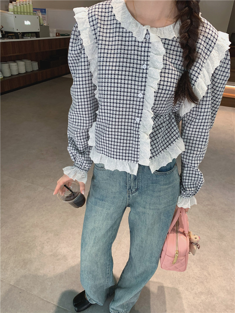 レース 服 レトロチェック柄レース飾りゆったりブラウス