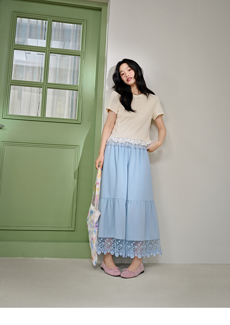 レース 服 花刺繍レース裾ティアードスカート