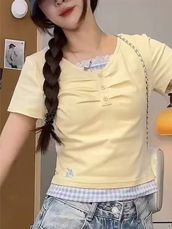 レース 服 レース縁取り重ね着風トップス