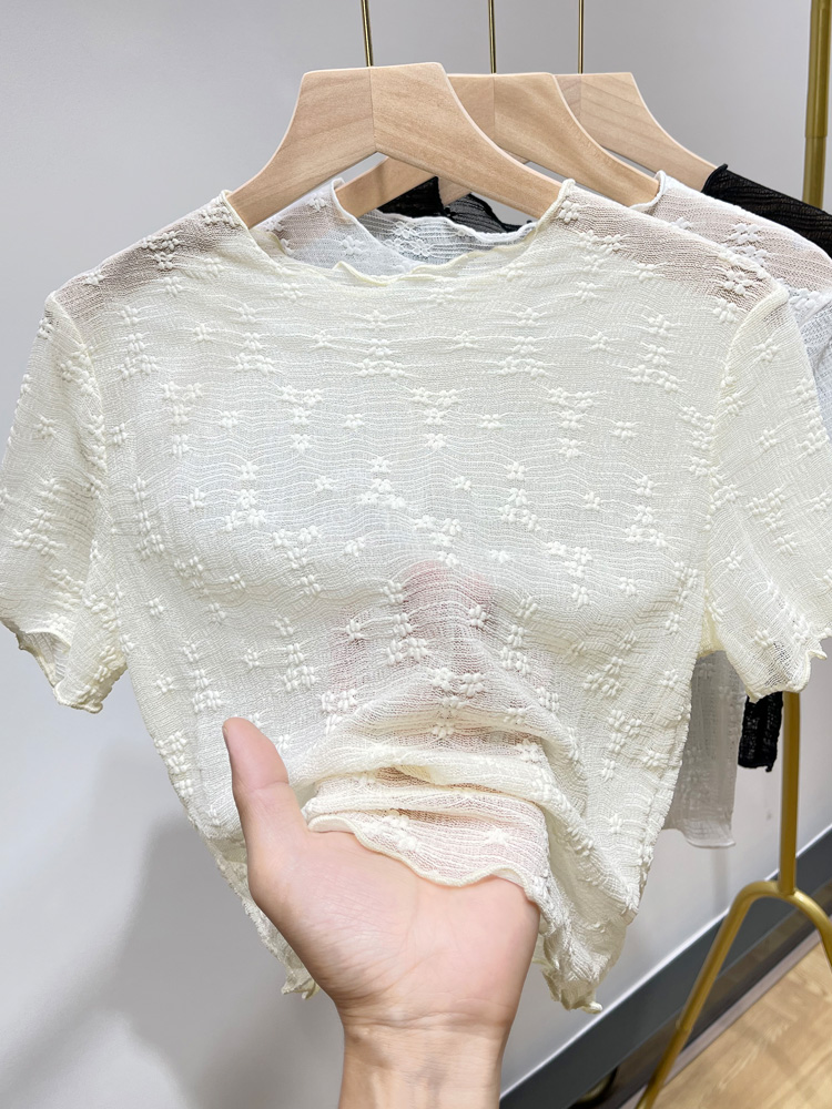 レース 服 花柄透かし編み半袖レーストップス