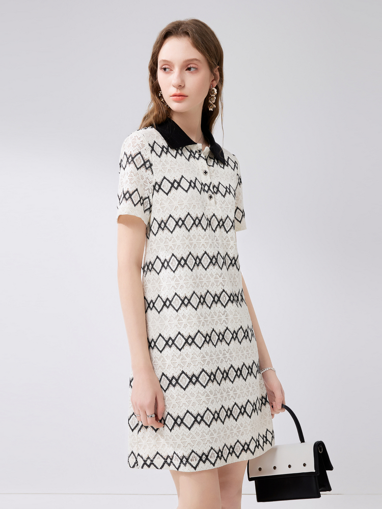 レース 服 襟付き菱模様レースワンピース