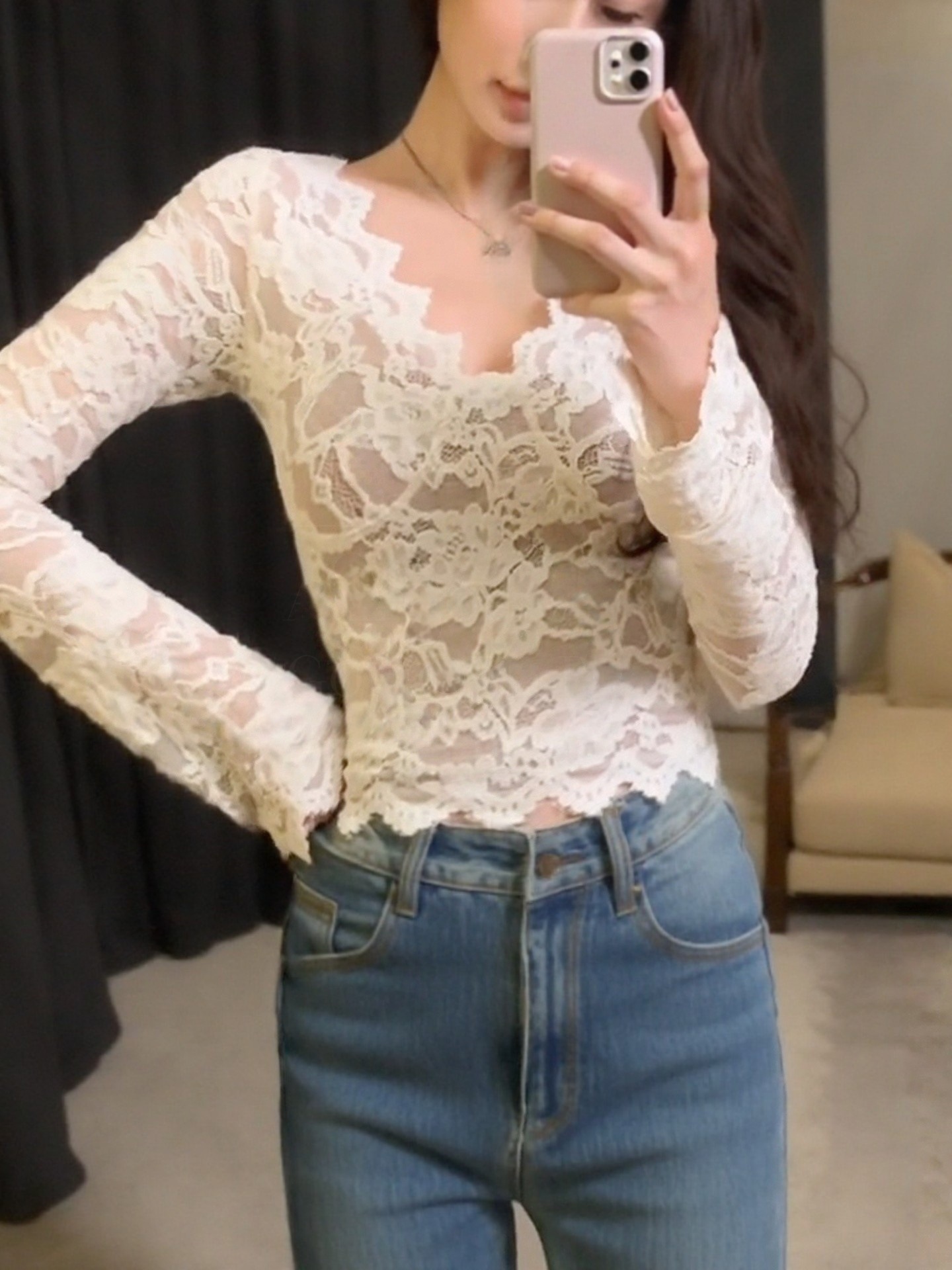 レース 服 レース長袖インナートップス裏起毛韓国風３色