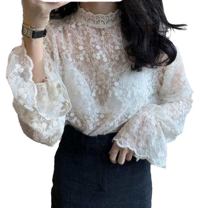 レース 服 二〇二五年新作 透け感レース ハイネック長袖ブラウス