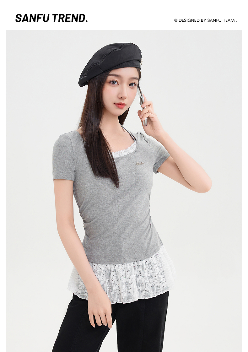 レース 服 レース裾フリル半袖リブトップス