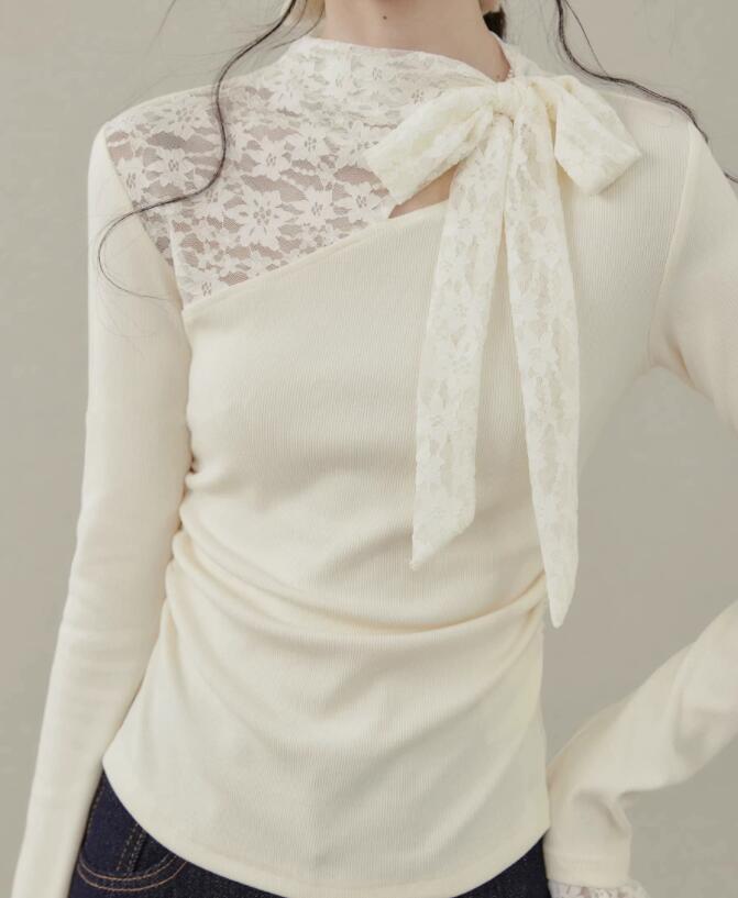 レース 服 秋冬レース切替長袖ブラウス リボン付きフェミニントップス