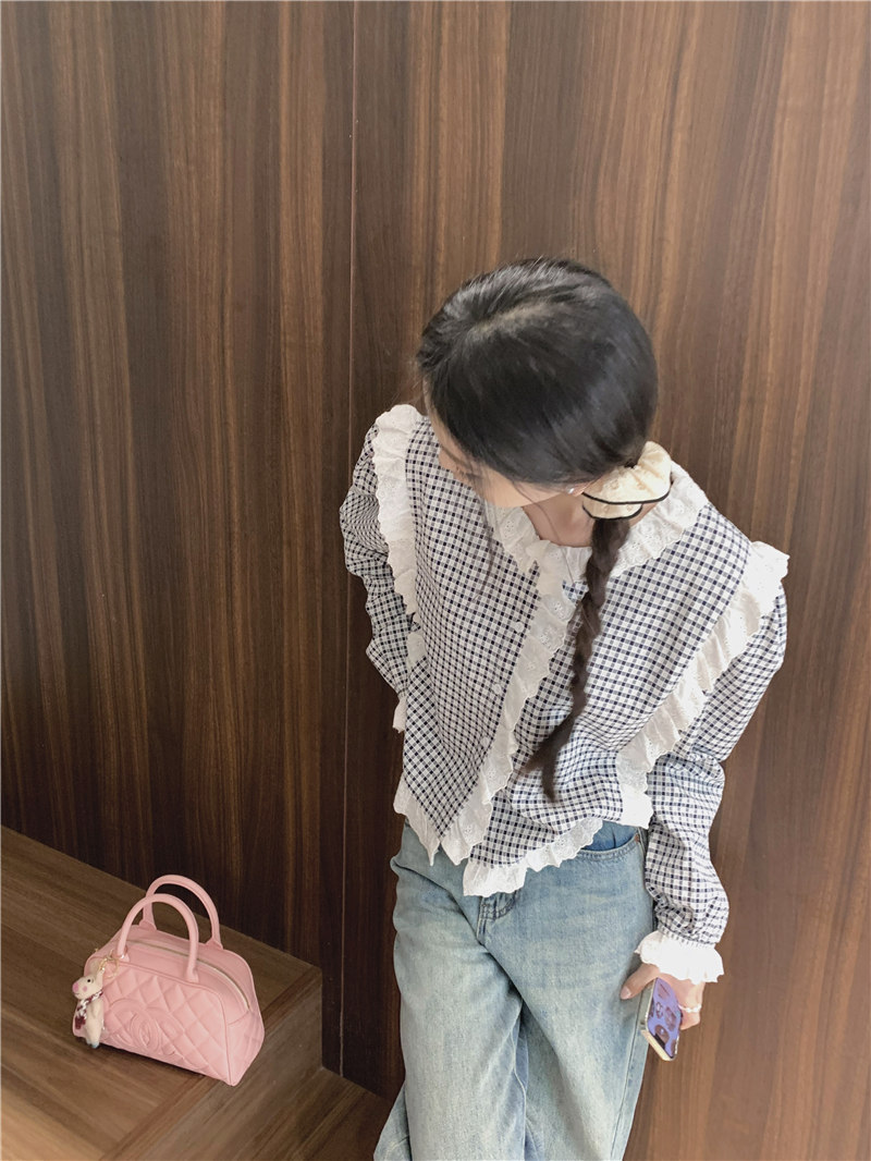 レース 服 レトロチェック柄レース飾りゆったりブラウス