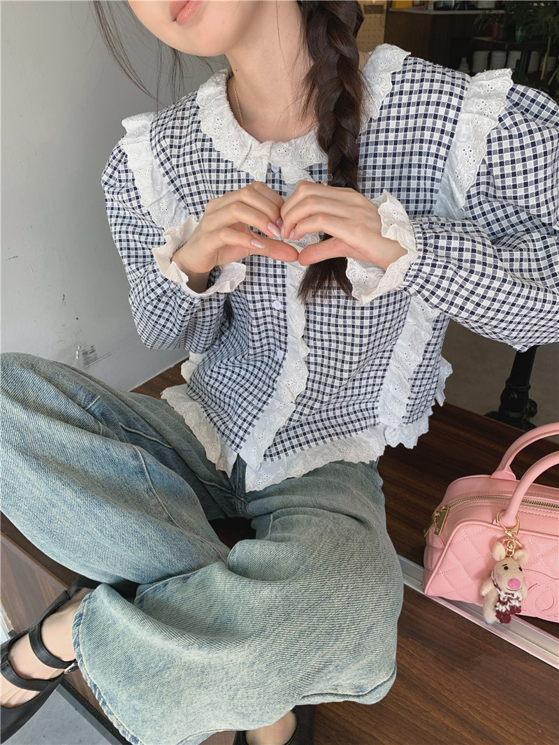レース 服 レトロチェック柄レース飾りゆったりブラウス