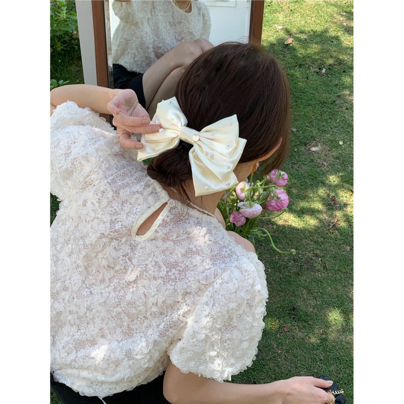 レース 服 レース丸首半袖トップス体型カバーふんわり袖レディース