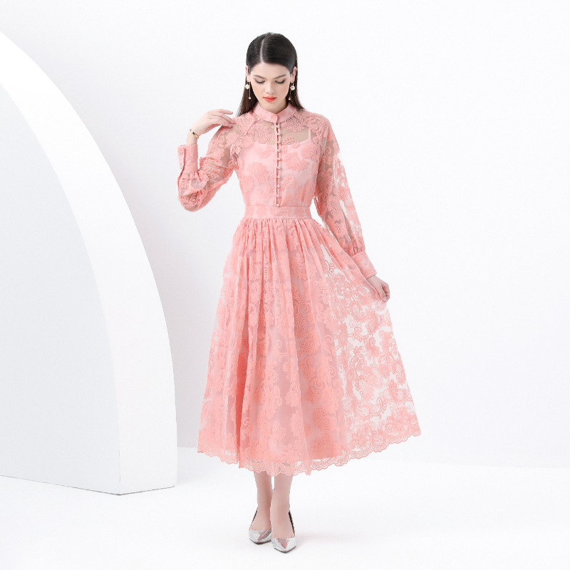 レース 服 シアーレース シャツカラーワンピース