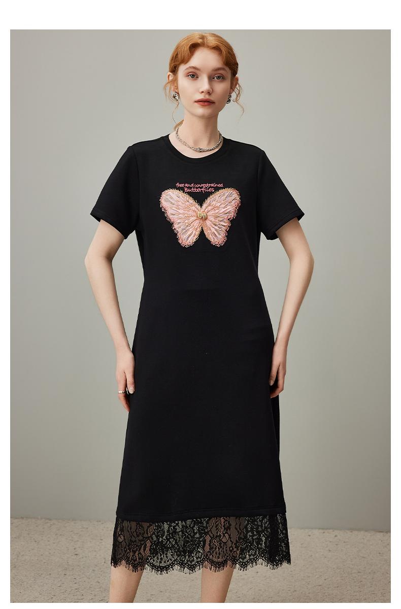 レース 服 蝶々刺繍レース裾ワンピース