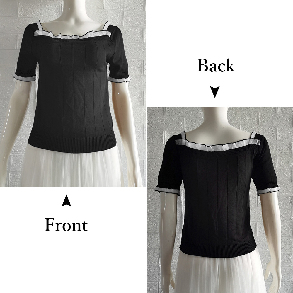 レース 服 フリル袖スクエアネック レース付きサマーニット
