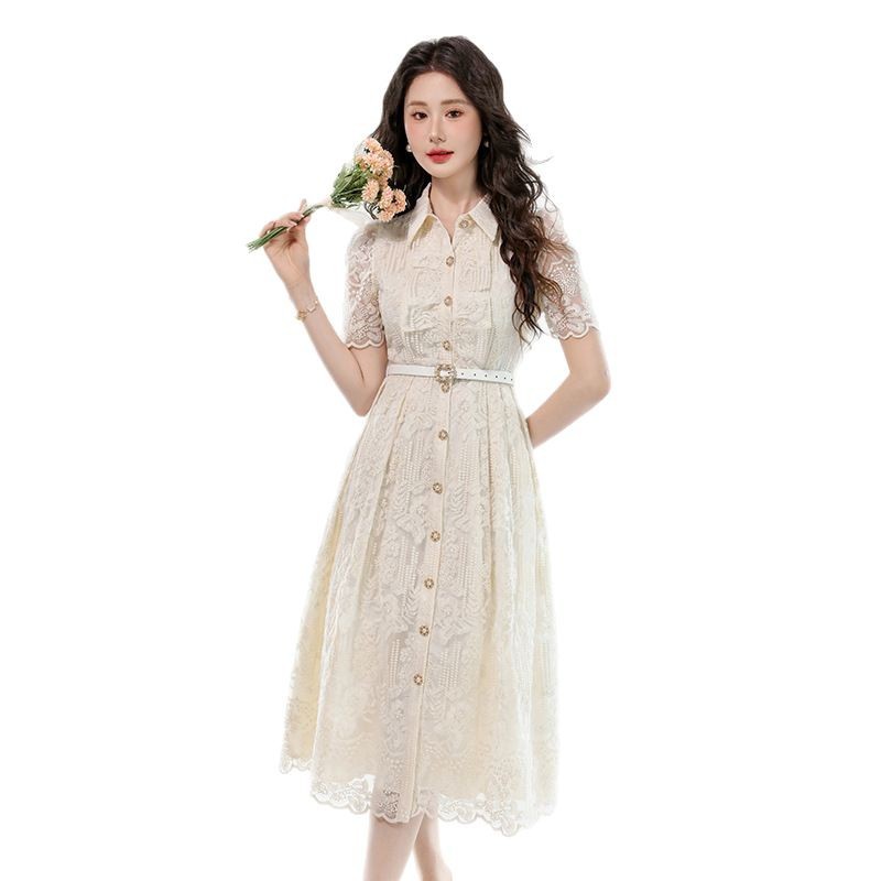 レース 服 花柄透かしレース シャツワンピース