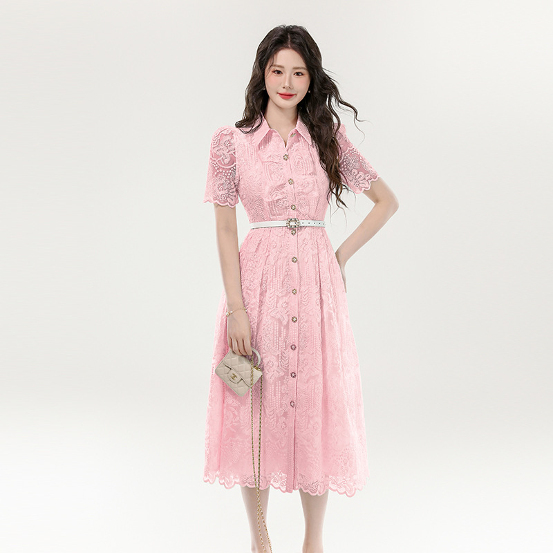 レース 服 花柄透かしレース シャツワンピース