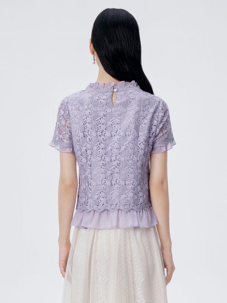 レース 服 花柄レース フリル裾トップス