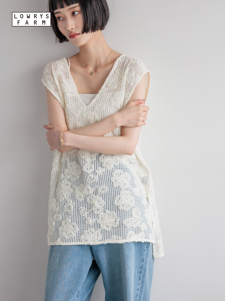 レース 服 花模様透かし編みレースチュニック